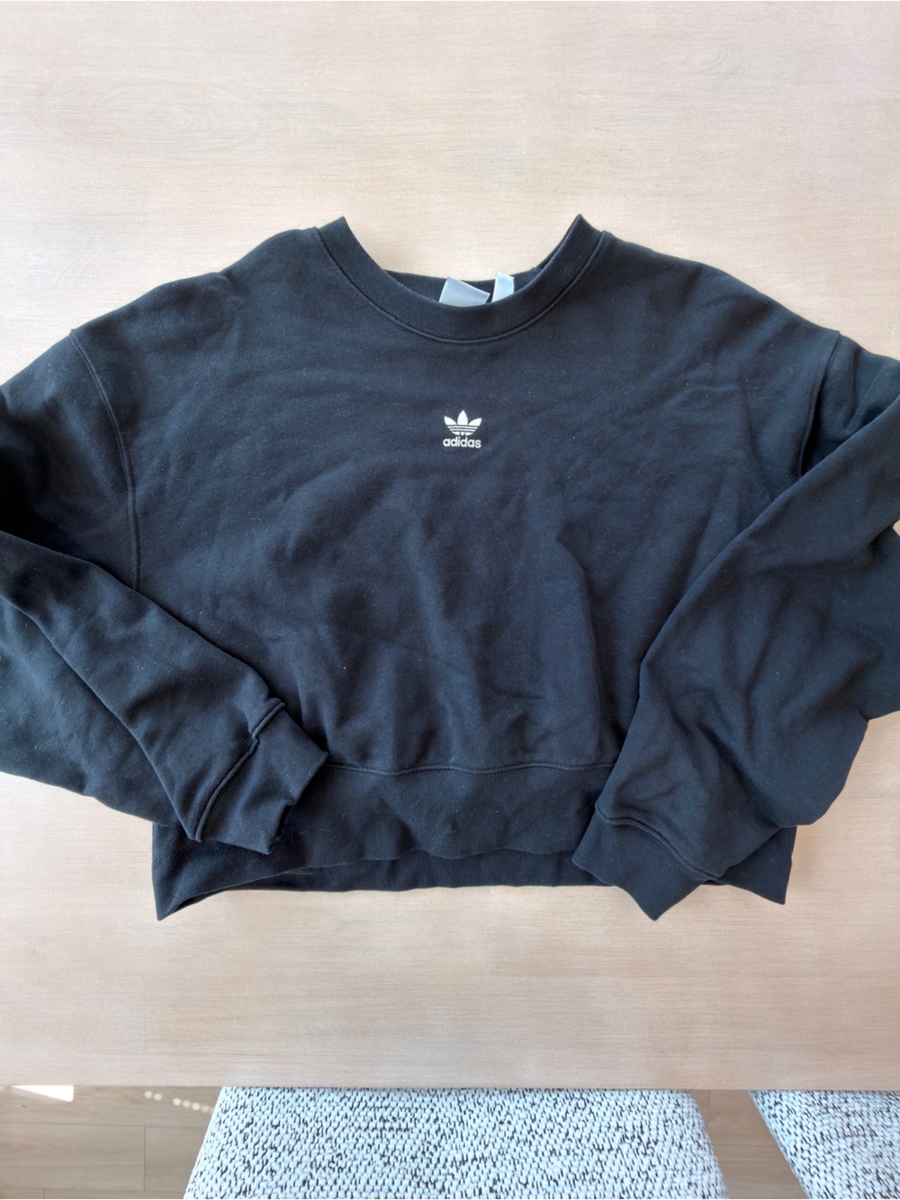 adidas Black Cropped Crewneck Sweatshirt with White Trefoil - Medium